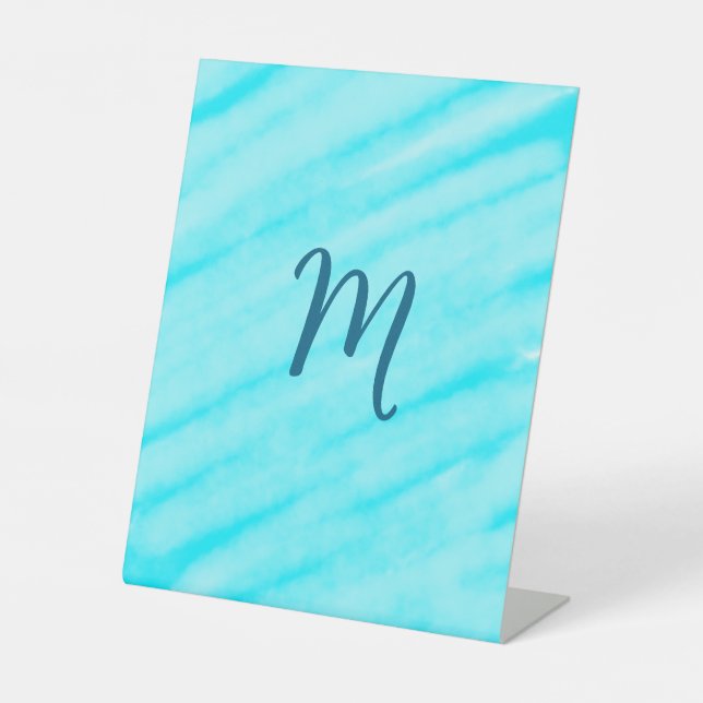 Blau-Weiß-Aquarelllinien fügen Ihr Monogramm hinzu Sockelschild (Vorderseite)