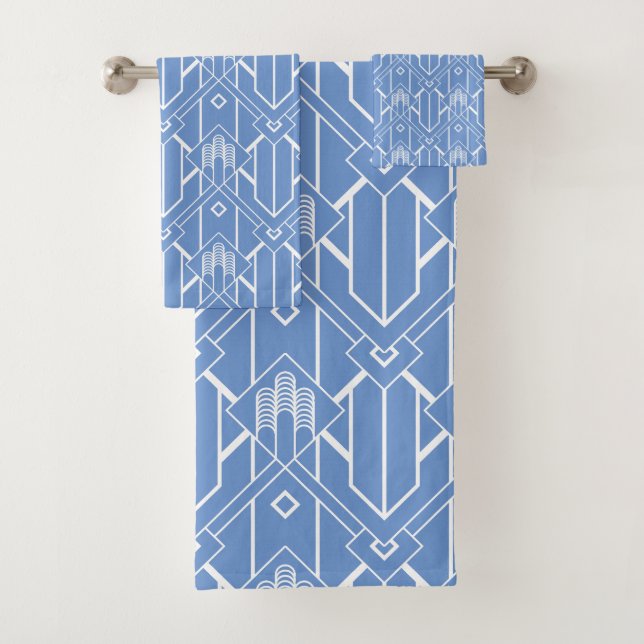 Blau-Weiß-Art-Deco-Muster 2 Badhandtuch Set (Insitu)