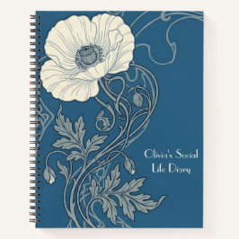 Blau & Weiß Art Nouveau Weiße Mohnblume Notizbuch