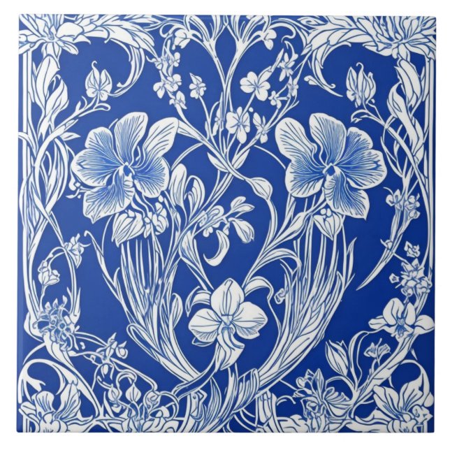 Blau-Weiß-Blumen Art Deco Jugendstil-Blume Fliese (Vorderseite)