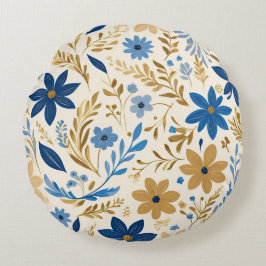 Blau-Weiß-Blumen Rundes Kissen