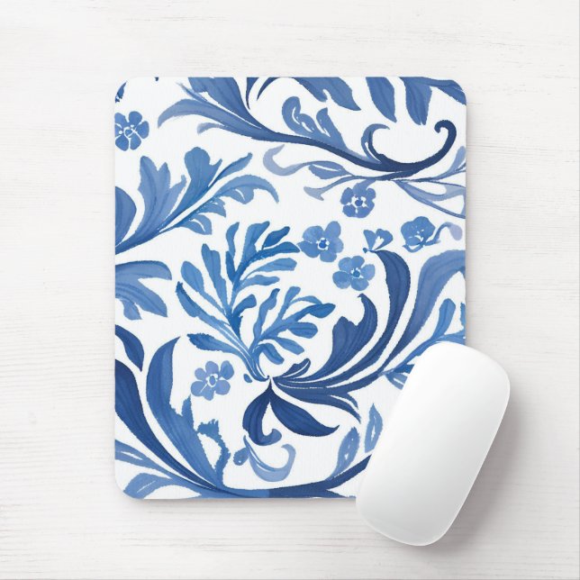 Blau-Weiß-Blumendesign | Chinoiserie-Muster Mousepad (Mit Mouse)