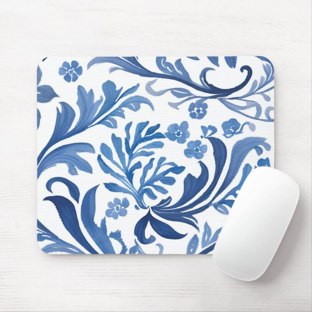 Blau-Weiß-Blumendesign | Chinoiserie Pattern Mousepad (Mit Mouse)