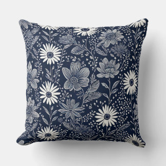 Blau-Weiß-Boho Blütenblumen-Blockdruck Kissen