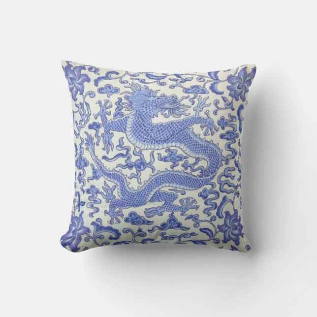 Blau-Weiß-Chinesischer Orientalischer Drache Kissen (Vorderseite)