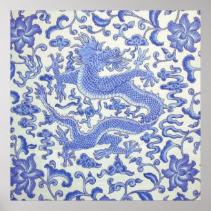 Blau-Weiß-Chinesischer Orientalischer Drache Poster