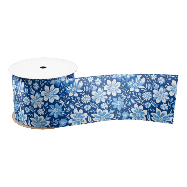 Blau-Weiß Chinoiserie Antikes Blumenmuster Satinband (Spule)