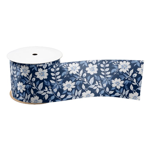 Blau-Weiß Chinoiserie Antikes Blumenmuster Satinband (Spule)