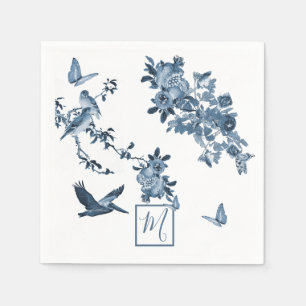 Blau-Weiß Chinoiserie Blumenchor Monogram Serviette
