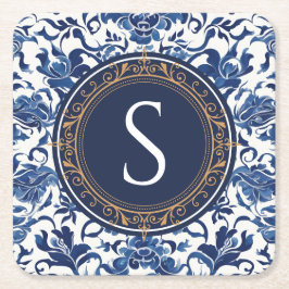 Blau-Weiß-Chinoiserie Blumenmonogramm Rechteckiger Pappuntersetzer