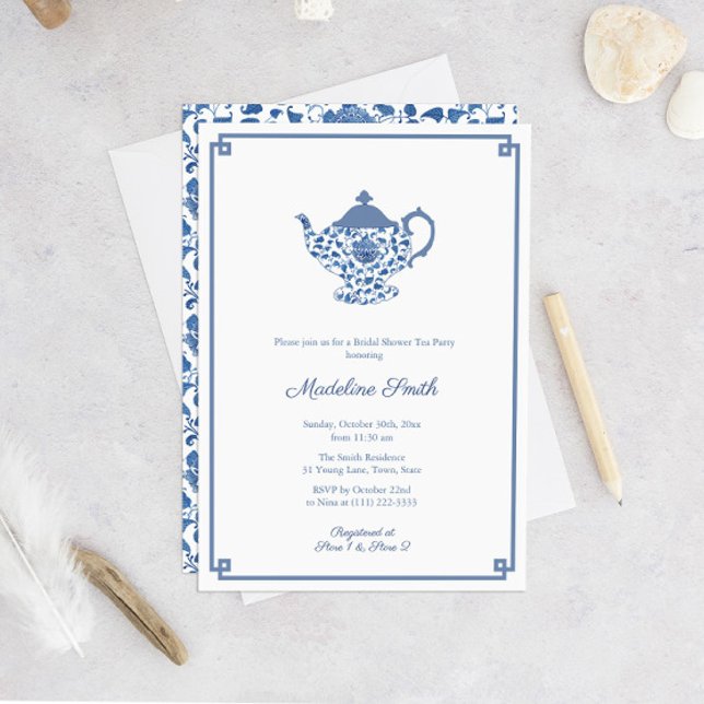Blau-weiß Chinoiserie Brautparty Teezeremonie Part Einladung (Chinoiserie Chic Blue And White Teapot Bridal Shower Tea Party Invitation)