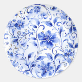 Blau-Weiß Chinoiserie Floral Runder Aufkleber