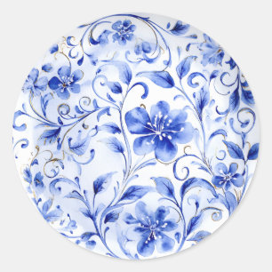 Blau-Weiß Chinoiserie Floral Runder Aufkleber