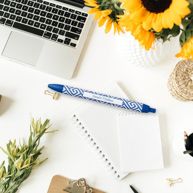 Blau Weiß Chinoiserie Monogram Aztekisch Stil Kugelschreiber (Von Creator hochgeladen)