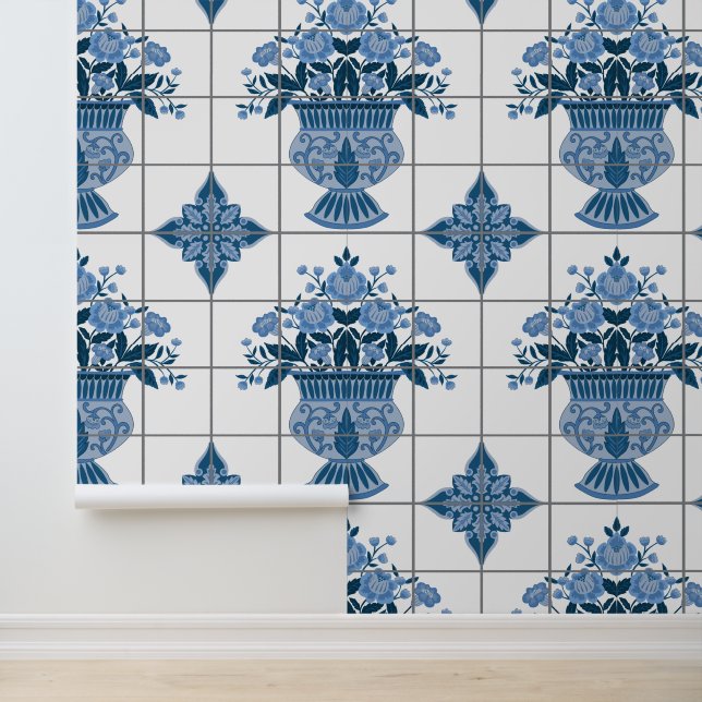 Blau-Weiß-Delft-Floral-Arrangement Tile Tapete (Anwendung)