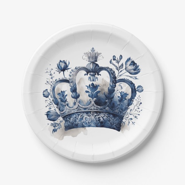 Blau-weiß Delft-Kronen mit Blume Pappteller (Vorderseite)