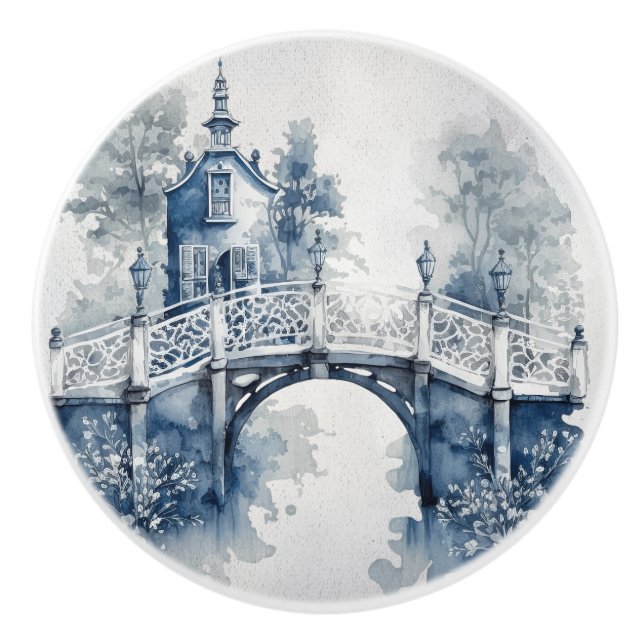 Blau-Weiß-Delft-Landschaft Keramikknauf (Vorderseite)