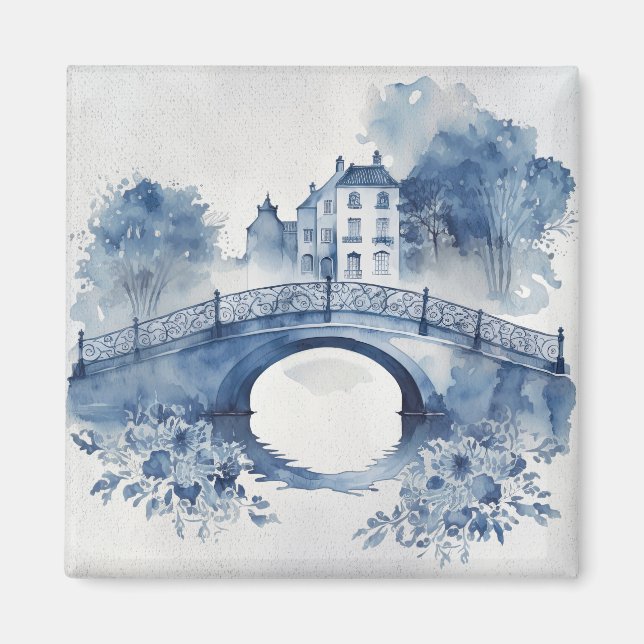 Blau-Weiß-Delft-Landschaft Magnet (Vorne)