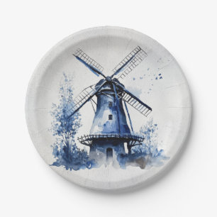 Blau-weiß Delft-Landschaft mit Windmühle Pappteller