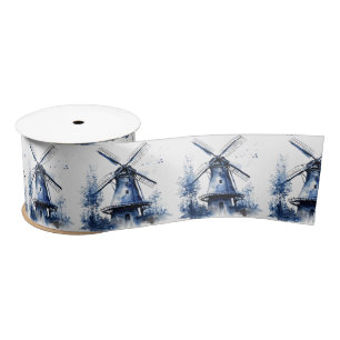 Blau-weiß Delft-Landschaft mit Windmühle Satinband