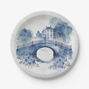 Blau-Weiß-Delft-Landschaft Pappteller