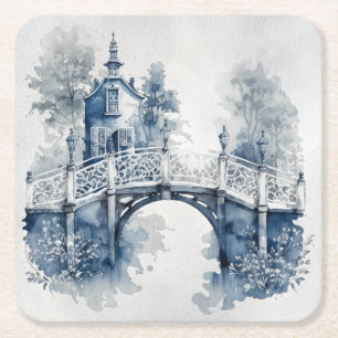Blau-Weiß-Delft-Landschaft Rechteckiger Pappuntersetzer