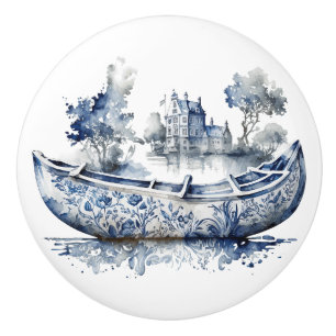 Blau-weiß Delft-Schiff mit Dorfszene Keramikknauf