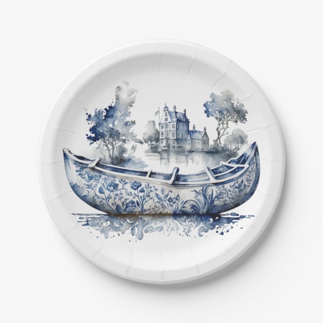 Blau-weiß Delft-Schiff mit Dorfszene Pappteller (Vorderseite)