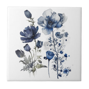 Blau-weiß Delft-Stil mit Wildblumen Fliese
