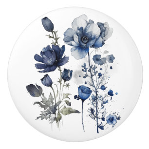 Blau-weiß Delft-Stil mit Wildblumen Keramikknauf