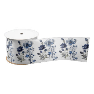 Blau-weiß Delft-Stil mit Wildblumen Satinband