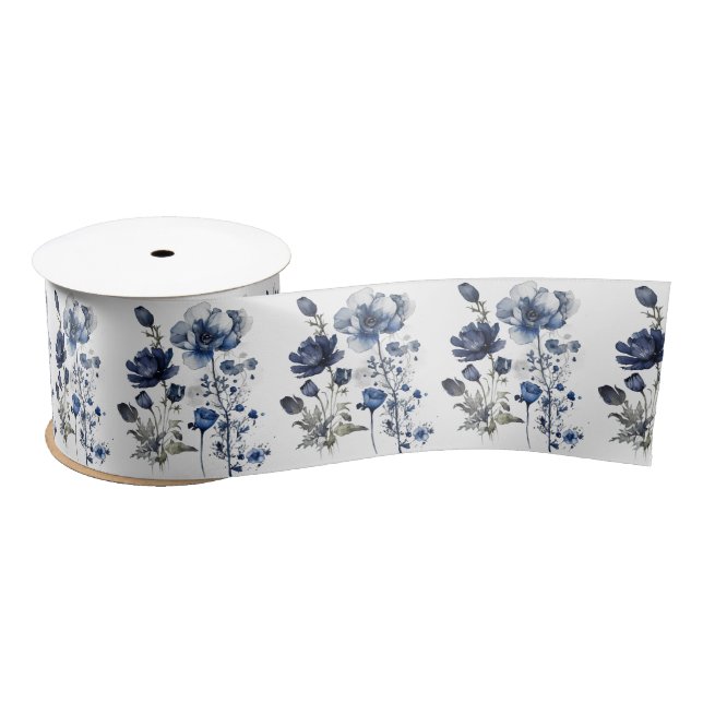 Blau-weiß Delft-Stil mit Wildblumen Satinband (Spule)