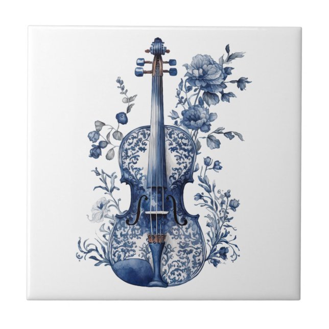 Blau-Weiß-Delft-Stil-Violine mit Blume Fliese (Vorderseite)