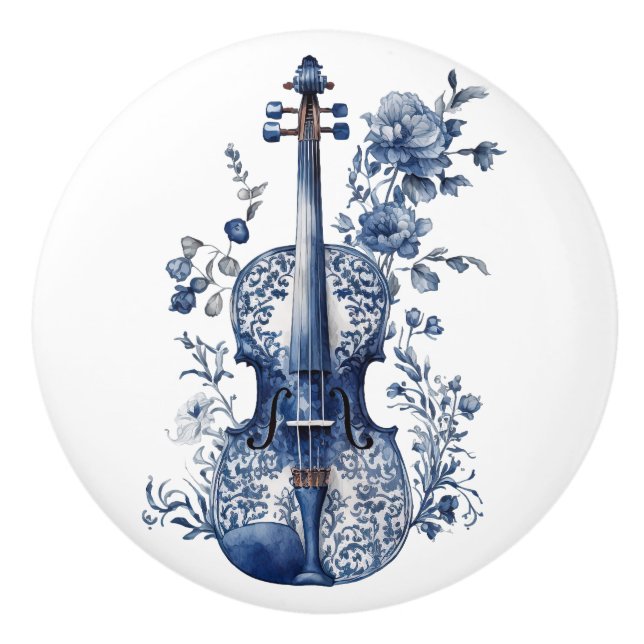 Blau-Weiß-Delft-Stil-Violine mit Blume Keramikknauf (Vorderseite)