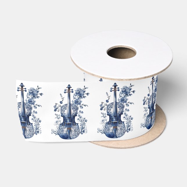 Blau-Weiß-Delft-Stil-Violine mit Blume Satinband (Spule)