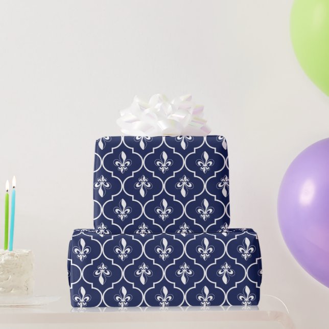 Blau-Weiß-Fleur-de-Lis-Quatrefolienmuster Geschenkpapier (Partygeschenke)