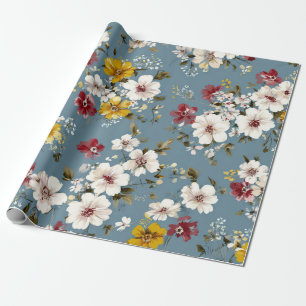 Blau Weiß Gelb Rot Ditsy Blumen Pastell Boho 70er Geschenkpapier
