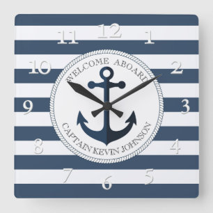 Blau-weiß gestreift mit Anker personalisiert la Quadratische Wanduhr