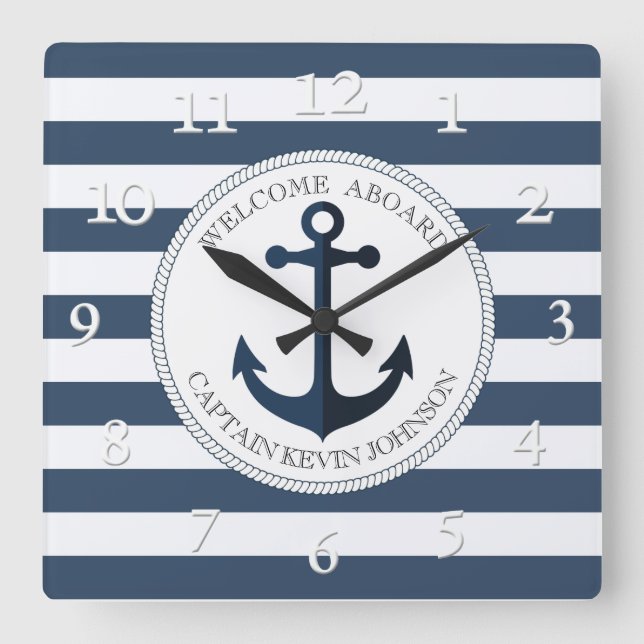Blau-weiß gestreift mit Anker personalisiert la Quadratische Wanduhr (Vorderseite)