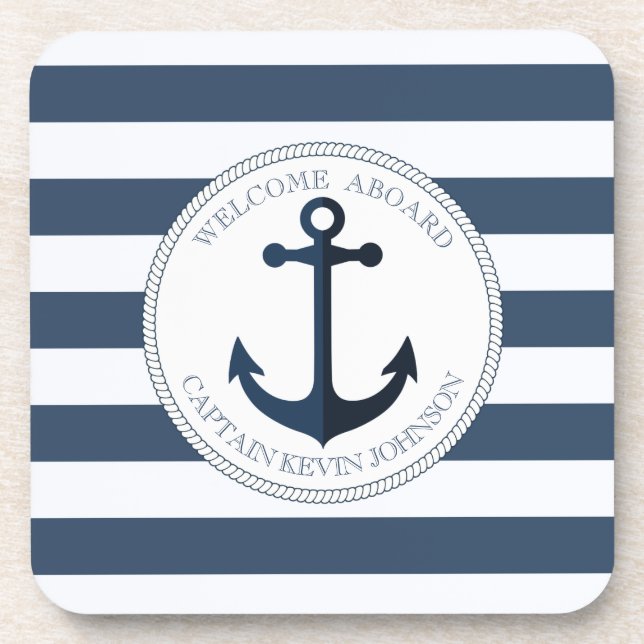 Blau-weiß gestreift mit personalisiertem Anker Getränkeuntersetzer (Vorderseite)