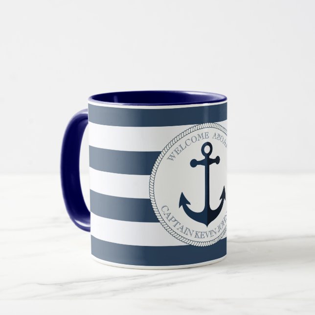 Blau-weiß gestreift mit personalisiertem Anker Tasse (Vorderseite Links)