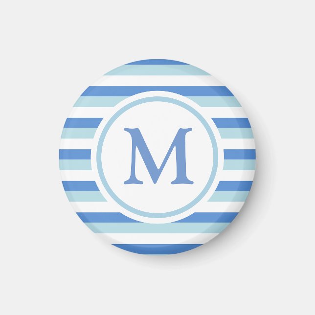 Blau-Weiß gestreiftes Monogramm Magnet (Vorne)