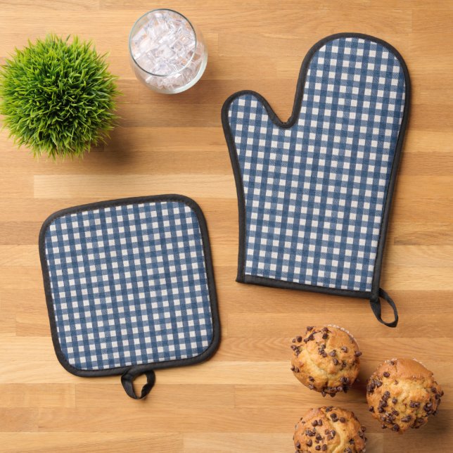 Blau-Weiß-Gingham-Karo  Ofenhandschuh & Topflappen-Set (Oben Unten)