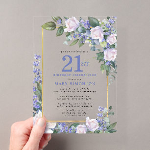 Blau Weiß Gold Blumen 21. Geburtstag Acryleinladungen