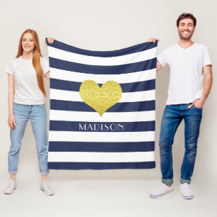 Blau-weiß-goldenes Herz-Musterdruck-Name Fleecedecke