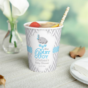 Blau, Weiß Grauer Elefant Baby Shower Pappbecher