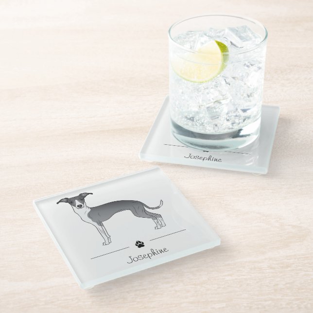 Blau-Weiß-Greyhound mit benutzerdefiniertem Text Glasuntersetzer (Schrägansicht)