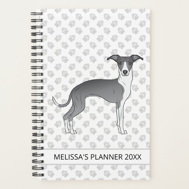 Blau-Weiß-Greyhound mit benutzerdefiniertem Text Planer (Vorderseite)