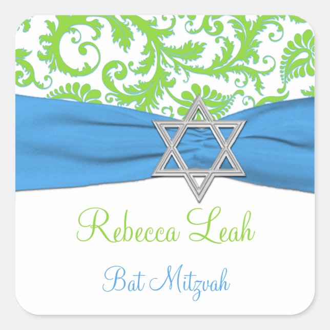 Blau, Weiß, grüner Damask Bat Mitzvah Sticker (Vorderseite)
