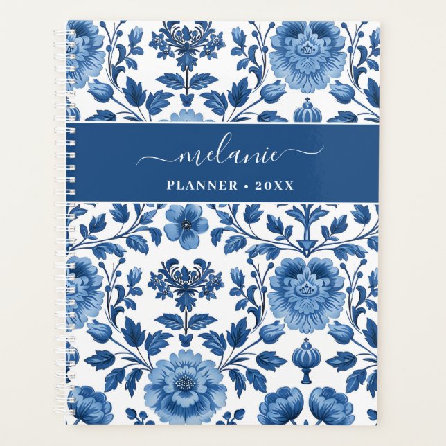 Blau-Weiß-Hütte Damask Floral Planer (Vorderseite)